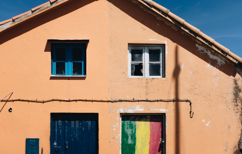 Orange painted house wall with a colored door and a window.
